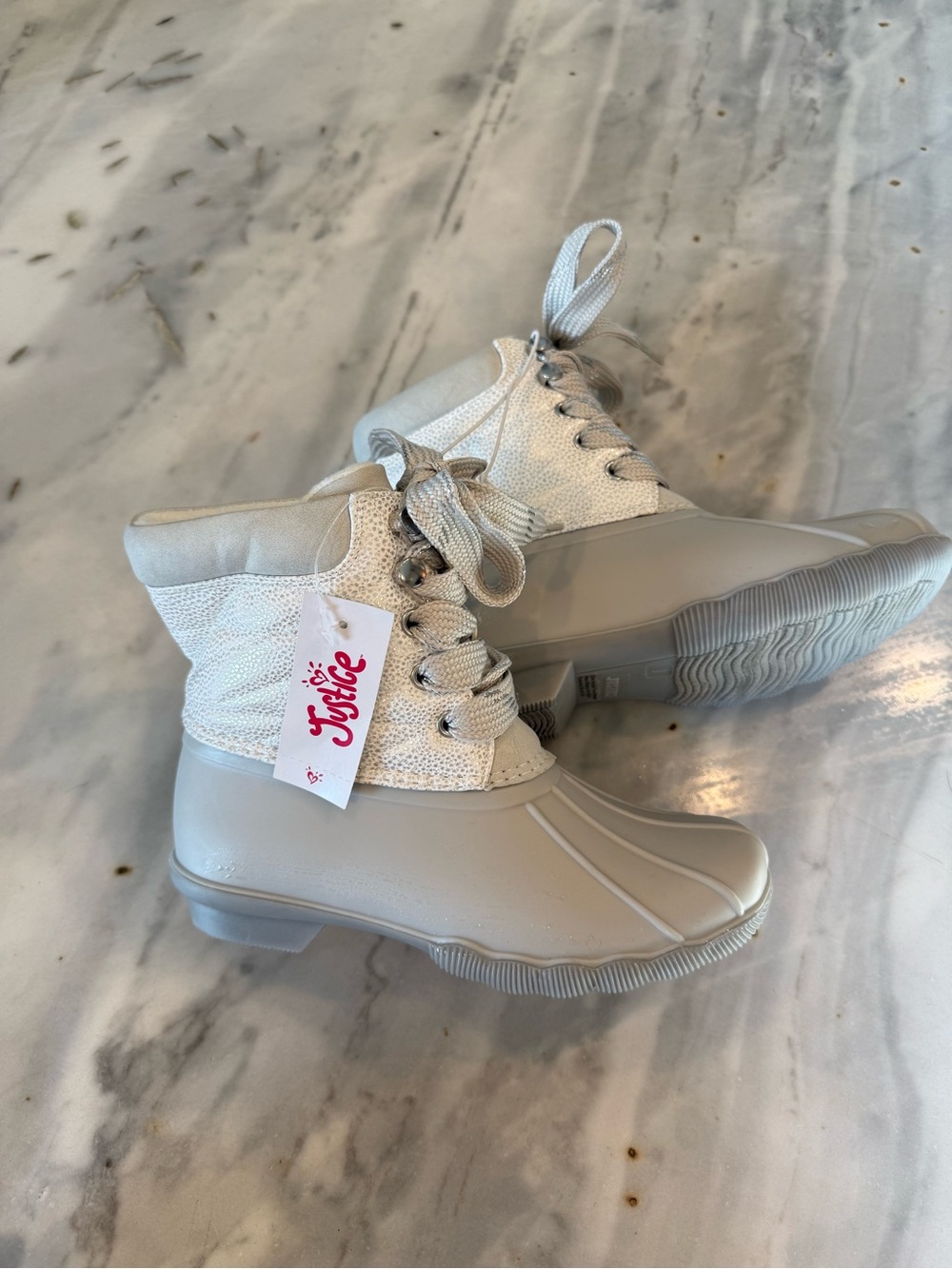 Justice White-Grey Lace-Up Duck Boots